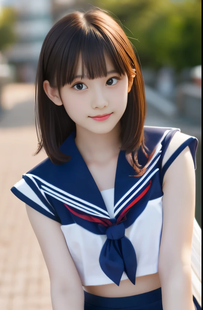 highest quality,Photo quality,Ultra-high resolution,Professional Lighting,(15 years old),(younger sister)Beautiful actress,Beautiful Face,Japanese,Short bangs,(Sailor suit:1.1),mini skirt,(navel),Narrow waist,
