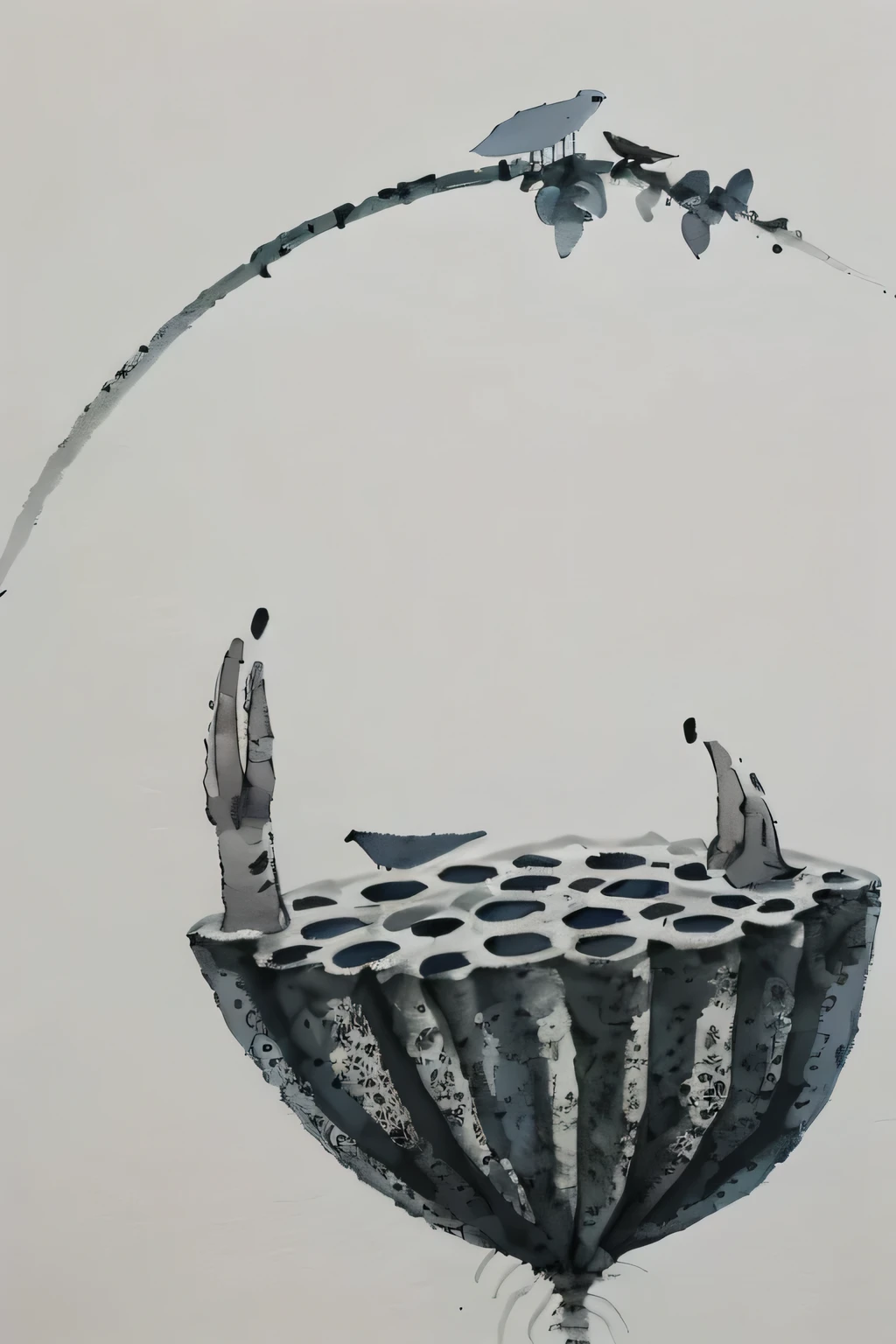 There is a painting，The painting shows a bird sitting on a flower, Ink painting on paper, Ink painting, author：Xu Xi, author：Martina Krupikova, author：Ryuzaburo Umehara, Ink, Gouache, author：Zoran Music, Ink painting ) ) ) ), author：Robert Zünd, author：Geza Udvari