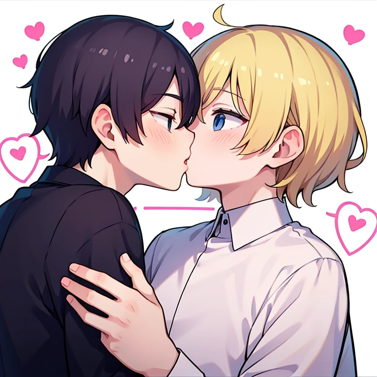 superfine illustration,masutepiece,Animated,1boy,torso,man,Man's,gay,Yaoi,Guy,man,Man's,Short hair,Curly hair,Parted bangs,Blonde hair,Blue eyes,White skin,Handwriting style,kiss,smooch,hearts,blush