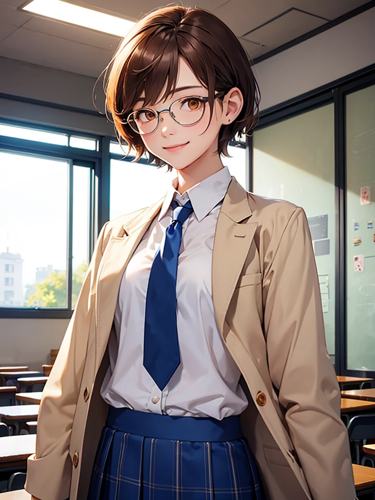 masterpiece, highest quality、girl、student、short hair、Chestnut Hair、Orange Eyes、slender、Small breasts、White blouse、Blue tie、Cream-colored blazer、Blue checked skirt、Glasses、smile、classroom、Upper Body