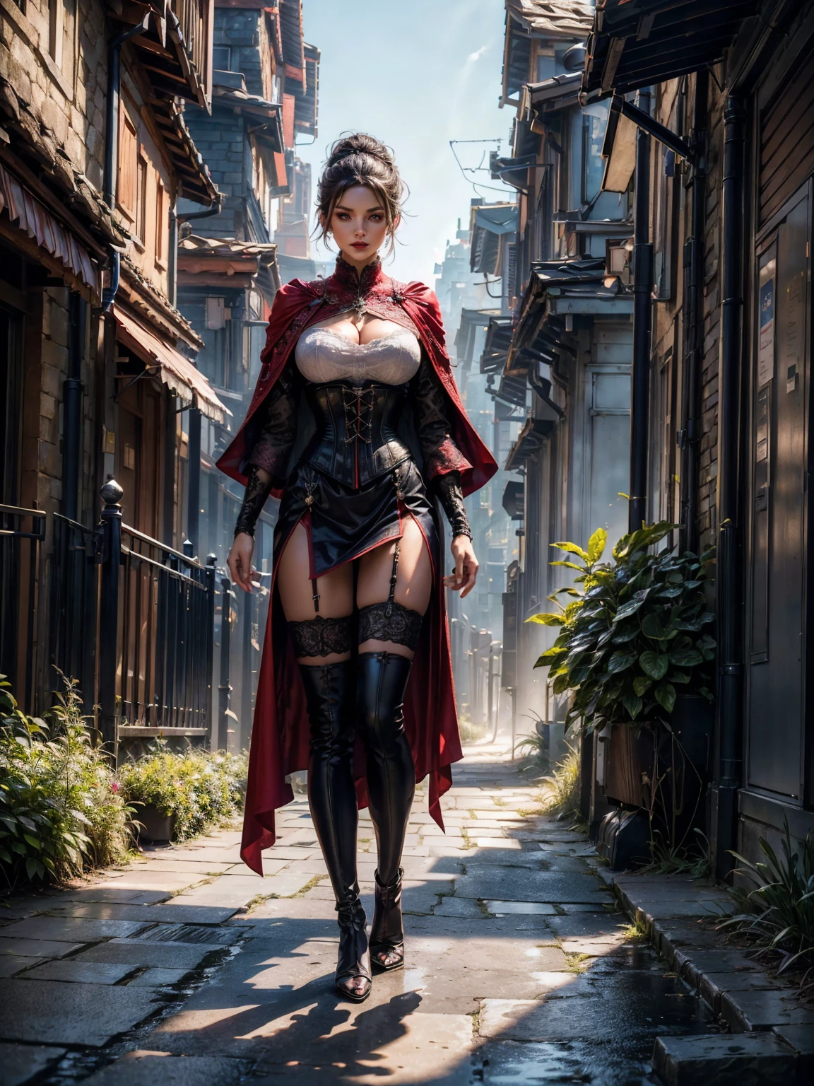 ((show full body from head to toe, standing, body facing to the viewer (show front body)). Tall body, fit body, slender body, medium breast. A female wizard wearing blue and red clothes, long sleeves(lace sleeves), skirts, corset, cloak, robes, cape, gloves, stockings, show heels. short hair with updo. Masterpiece:1.5, illustration:1.1, best quality:1.5, fine detail, perfect detail, 4k, HDR, balance focused camera view, middle camera view, vertical scape camera, natural lighting, bright lighting, sunlight, sharp focus, smooth detail, HDR. Outdoor at a city road.