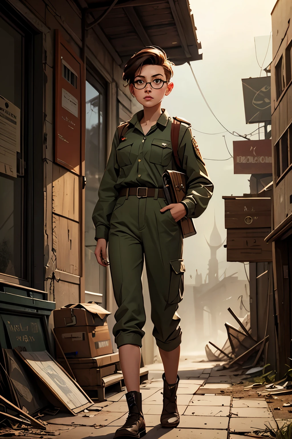 a young female messenger, wearing large glasses, undercut hair, wearing postman uniform, in a post-apocalyptic world