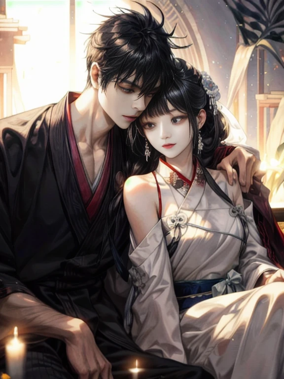 A couple sitting side by side on the bed, Hanfu black man and white woman ancient style cute couple, Delicate face
