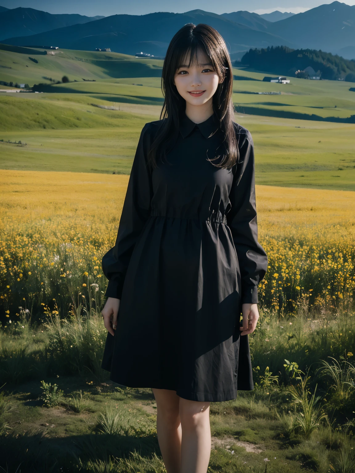 (ultra realistic), (best illustration), (increase resolution), (8K), (masterpiece), (wallpaper), solo, 1 girl, looking at viewers, black straight hair, in the dark, deep shadow, low key, pureerosfaceace_v1, happy smile, summer dress, full body, meadow