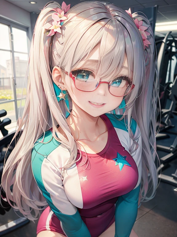 小さなgirl、The arrival of spring、Thick thighs、 (alone:1.5,)Very detailed,Bright colors, Very beautiful detailed anime faces and eyes, Look straight ahead, ;d, Shiny_skin,girl, ((Silver long hair,The inner color is red 、Forehead is exposed.、Green Eyes、Glasses、Shiny hair, Delicate beautiful face, blush、(Turquoise Eyes), White skin, Valletta, Earrings,、blue flower field、(((Star pattern pink、Gym suit)))、Twin tails、smile、smile、Face dyed red