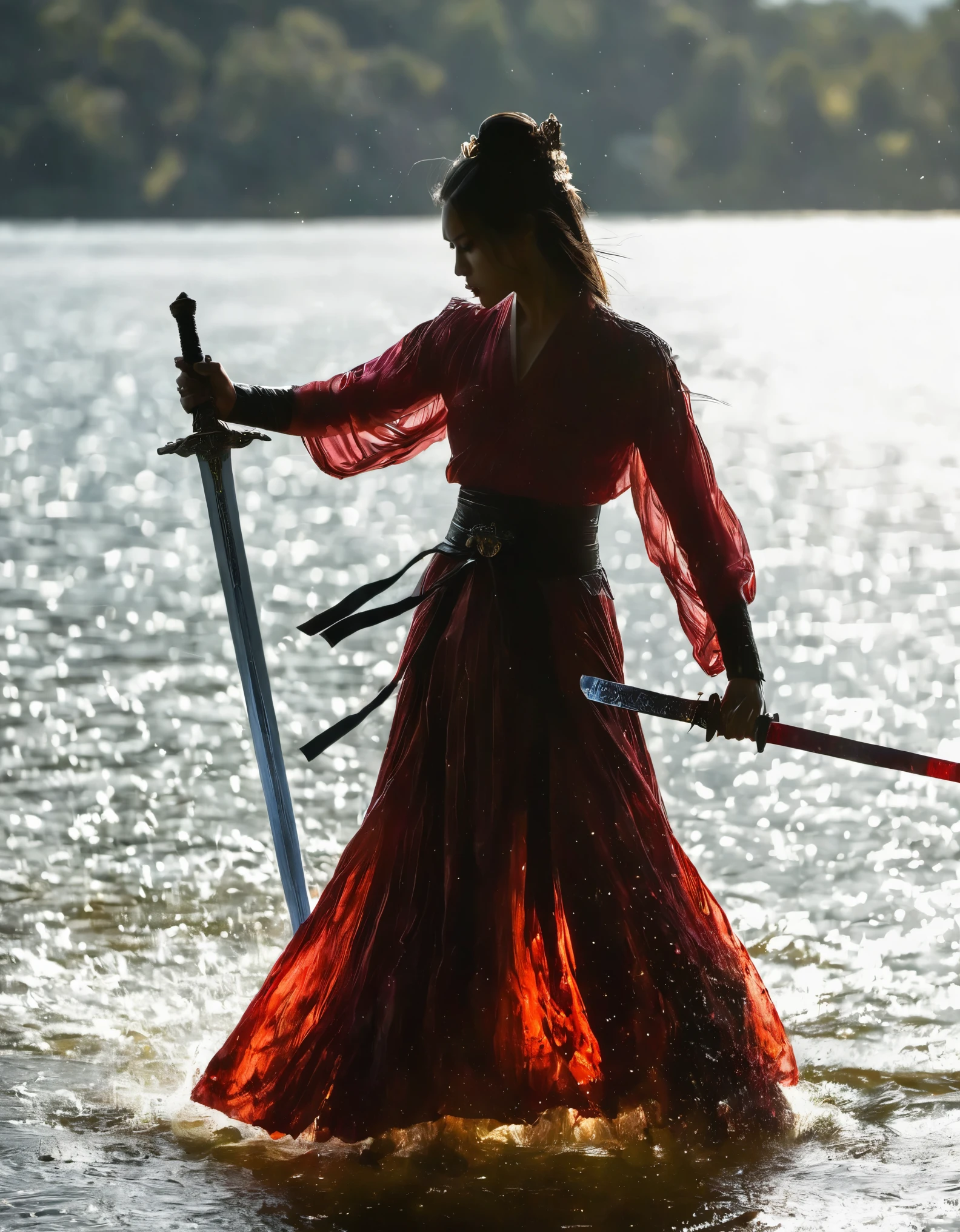 (Heroine dancing sword silhouette:1.5),Anatomically correct，Glowing sword,(moving posture),Hold the hilt of a sword in your hand，1sword，solo，on the lake，high contrast, movie lighting, Enigmatic Atmosphere,， corrugation，(Splashing water;1.4)，a moon，Motion Blur，swordsman，Kungfu，Black silhouette，Glowing sword blade made of ruby，