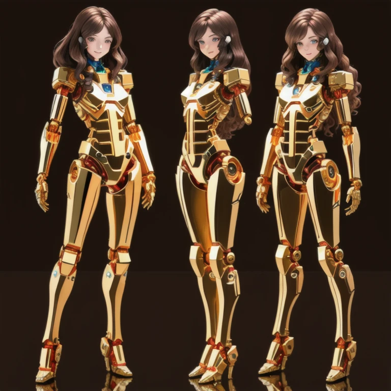 all female robots, 
Brown Hair,
 Wavy Hair,
 Hazel Eyes,
 Very detailed,
 smile,
 Everyone is a machine except for their faces.,
 All of them have pretty, cute human faces.,
 All have mechanical limbs,
 No clothes for everyone,
 All exposed internal skeletons,
 All gold frames,
 Full Body Shot,
