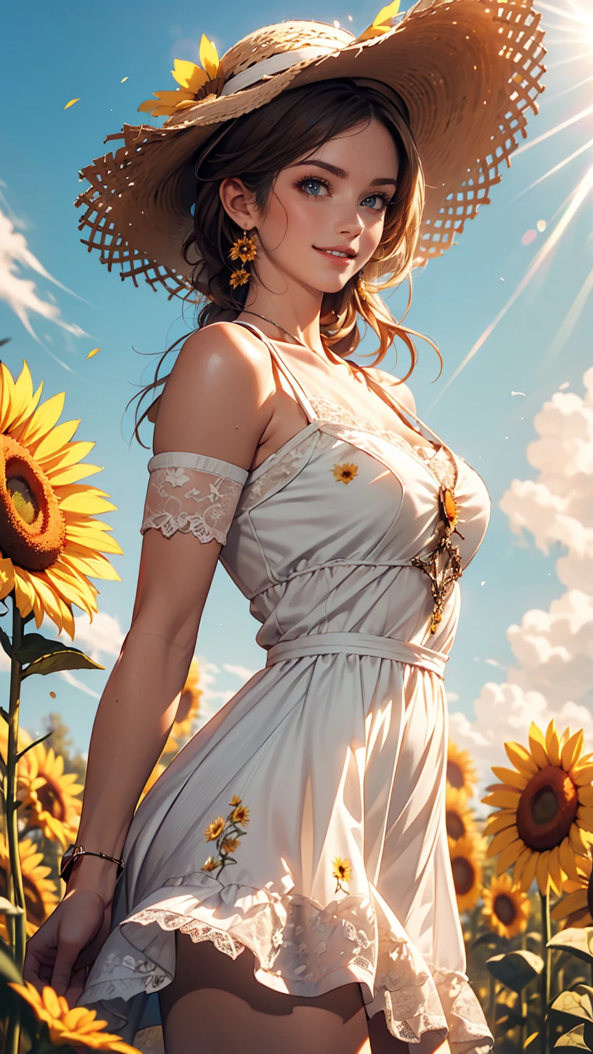 Send it,One girl,alone, (White lace dress:1.2),loose fitting dress (sun visor hat:1.2), Sunflower field, Under the sunlight, A light smile,View your viewers, Wind, dynamic, Strong light and shadow,dynamic pose,