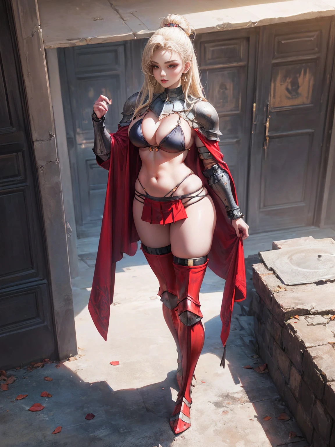 ((Realistic lighting, Masterpiece: 1.3)), (raw photo:1.2), Best quality, 8K, professional photography, Beautiful girl with a slim body wearing sexy demon armor, She has two devil horns on his head, magical crimson red smoke around