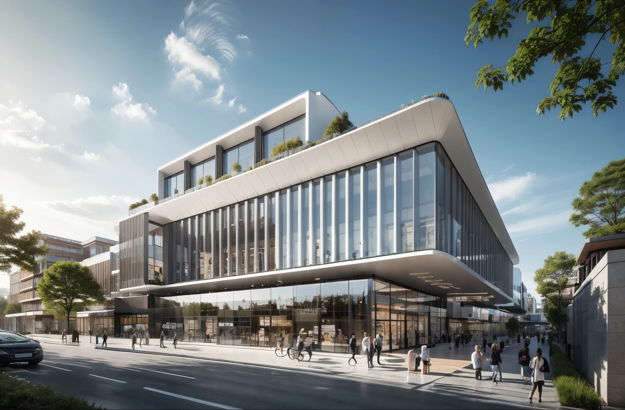 SYJZ,This is a picture of architectural design. There is a modern building in the picture. The exterior design of the building is composed of multiple line ,the color of the line is white,and the material of the line is metal. There are some shops under the building. The exterior design of the shops is glass,and the color of the shops is dark green. There are some trees around the building. The color of the trees is green. The background of the building is some tall buildings,and the color of the tall buildings is gray,watermark,onestoreyvillaXL, aiaigroup,
