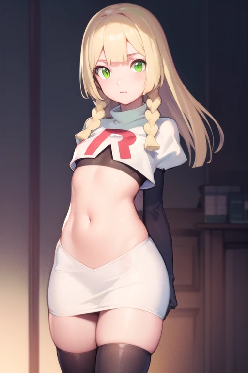 pokemonlilie, pokemonlilie, blonde hair, blunt bangs, (green eyes:1.5), long hair, (small breasts:1.2),
BREAK braid, twin braids, team rocket,team rocket uniform,white skirt,red letter R,crop top,black thigh-highs,black elbow gloves
BREAK looking at viewer,
BREAK (masterpiece:1.2), best quality, high resolution, unity 8k wallpaper, (illustration:0.8), (beautiful detailed eyes:1.6), extremely detailed face, perfect lighting, extremely detailed CG, (perfect hands, perfect anatomy),