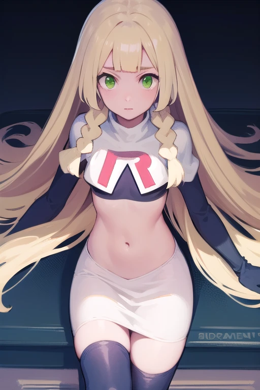 pokemonlilie, pokemonlilie, blonde hair, blunt bangs, (green eyes:1.5), long hair, (small breasts:1.2),
BREAK braid, twin braids, team rocket,team rocket uniform,white skirt,red letter R,crop top,black thigh-highs,black elbow gloves
BREAK looking at viewer,
BREAK (masterpiece:1.2), best quality, high resolution, unity 8k wallpaper, (illustration:0.8), (beautiful detailed eyes:1.6), extremely detailed face, perfect lighting, extremely detailed CG, (perfect hands, perfect anatomy),