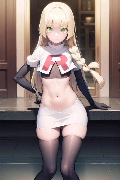 pokemonlilie, pokemonlilie, blonde hair, blunt bangs, (green eyes:1.5), long hair, (small breasts:1.2),
BREAK braid, twin braids, team rocket,team rocket uniform,white skirt,red letter R,crop top,black thigh-highs,black elbow gloves
BREAK looking at viewer,
BREAK (masterpiece:1.2), best quality, high resolution, unity 8k wallpaper, (illustration:0.8), (beautiful detailed eyes:1.6), extremely detailed face, perfect lighting, extremely detailed CG, (perfect hands, perfect anatomy),