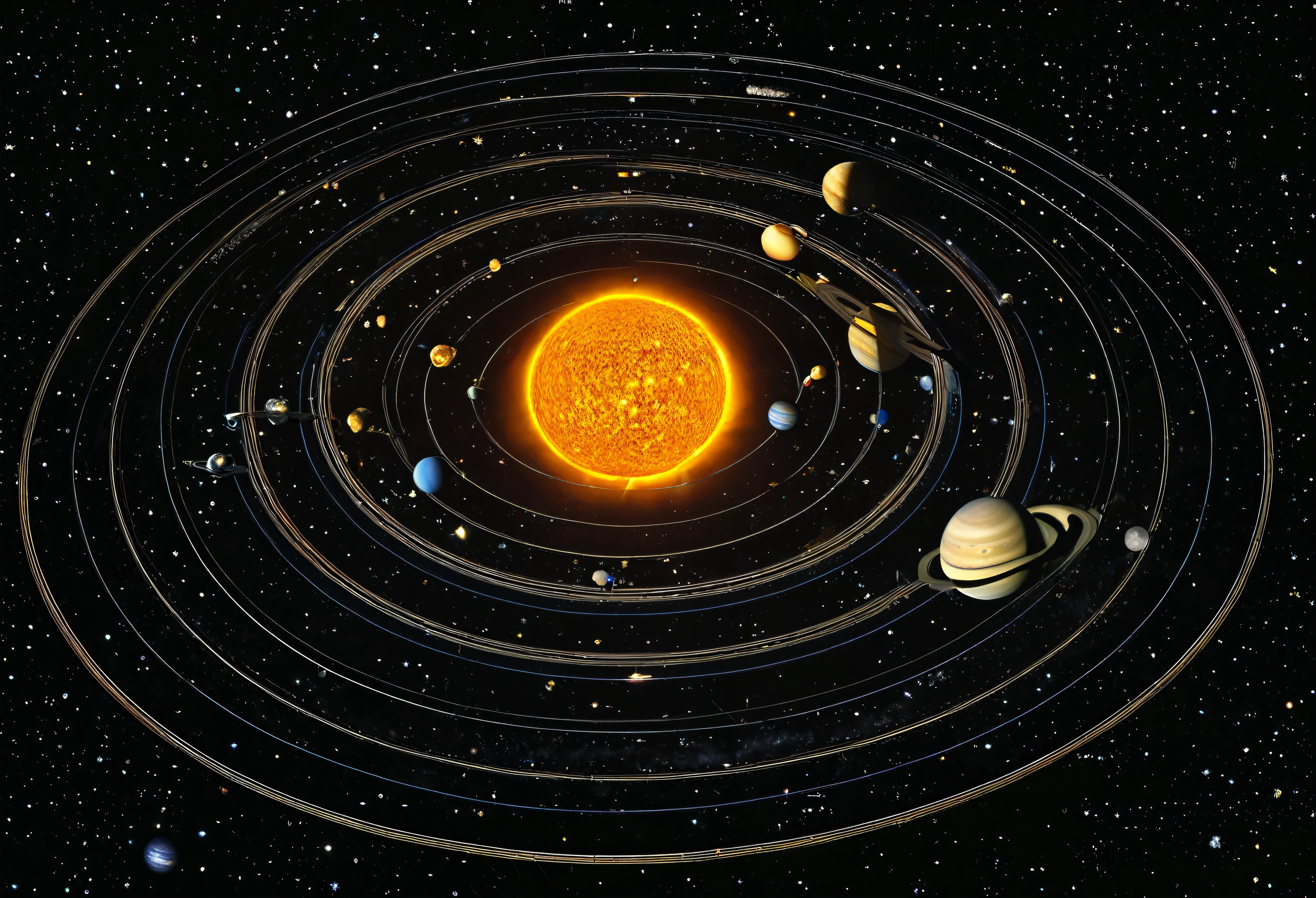 Close-up of a circular photo of the planets and the sun, Jigsaw Puzzles by John Coffelt, Shutterstock, Space Art, Planetary orbits, circular planet, Center of the universe, Planets and galaxies, covered solar system, Cosmology, large disk of planet, Geometry and Astrology, Sphere Harmony, Cosmic Harmony, solar system, cosmic scale