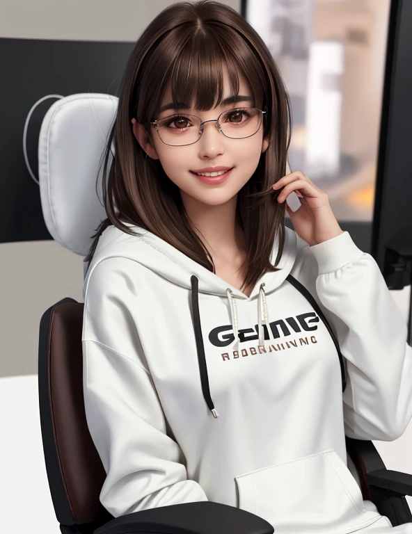 G is, One Girl, Detailed skin, View your viewers, Brown eyes, (Medium hair with bangs:1.2), (Medium Chest:1.0), (Central areola:0.8),
(Realistic:1.4), (highest quality:1.0), (Ultra-high resolution:1.0), 8k, RAW Photos, (masterpiece:0.2), (Pyros Face_v1:0.5), White hoodie, White gaming chair, headphone, Young and pretty girl,Geeky, Thin eyebrows, Glasses, smile