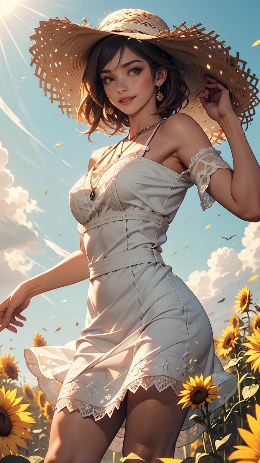 Send it,One girl,alone, (White lace dress:1.2),loose fitting dress (sun visor hat:1.2), Sunflower field, Under the sunlight, A light smile,View your viewers, Wind, dynamic, Strong light and shadow,dynamic pose,