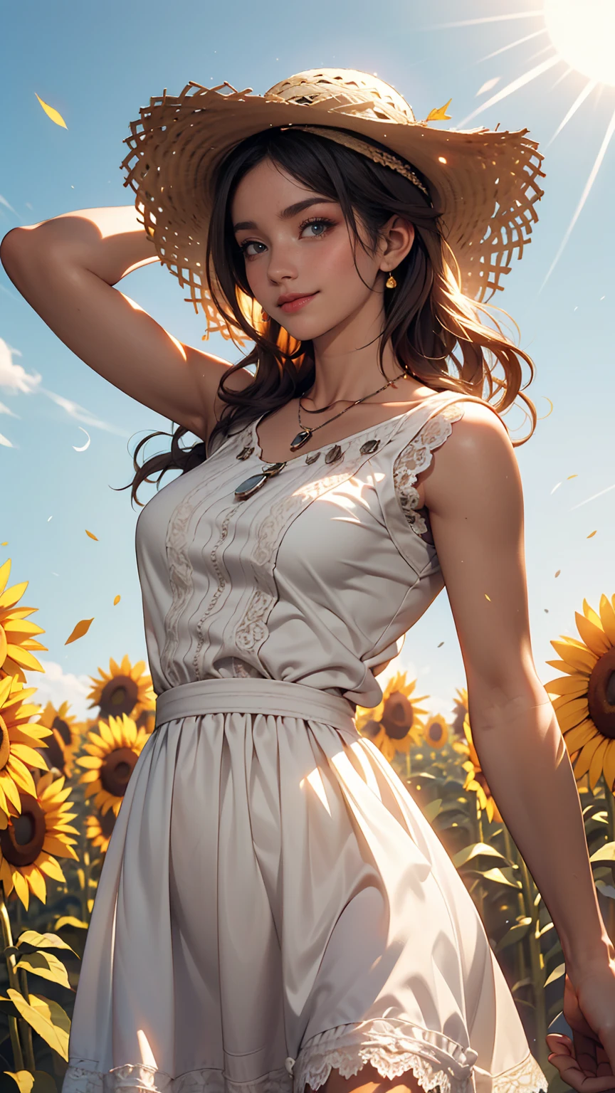 Send it,One girl,alone, (White lace dress:1.2),loose fitting dress (sun visor hat:1.2), Sunflower field, Under the sunlight, A light smile,View your viewers, Wind, dynamic, Strong light and shadow,dynamic pose,