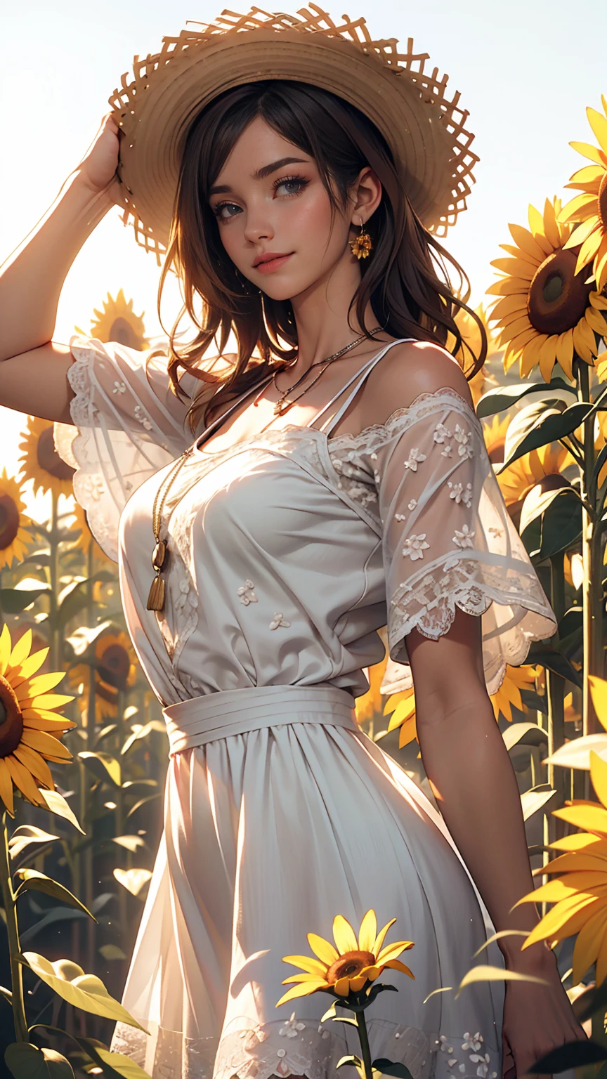 Send it,One girl,alone, (White lace dress:1.2),loose fitting dress (sun visor hat:1.2), Sunflower field, Under the sunlight, A light smile,View your viewers, Wind, dynamic, Strong light and shadow,dynamic pose,