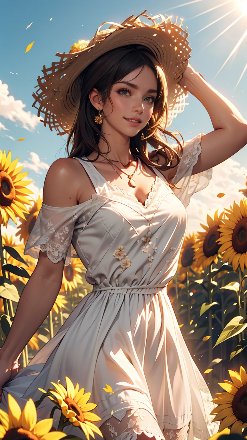Send it,One girl,alone, (White lace dress:1.2),loose fitting dress (sun visor hat:1.2), Sunflower field, Under the sunlight, A light smile,View your viewers, Wind, dynamic, Strong light and shadow,dynamic pose,