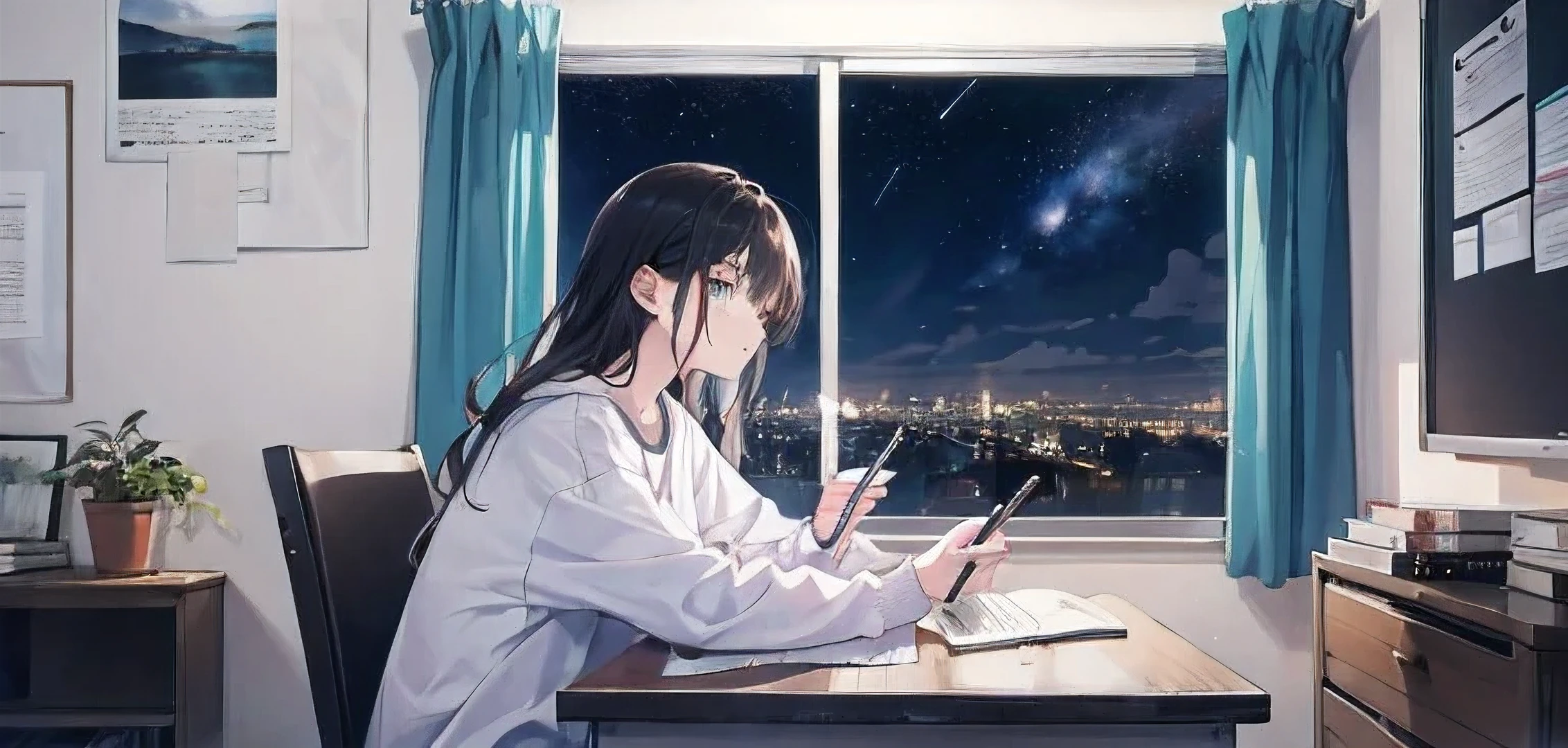 teenager wearing white sweatshirt, sentado en su escritorio, estudiando mirando por la ventana de su departamento. Por la ventana se ve una noche estrellada en la ciudad.