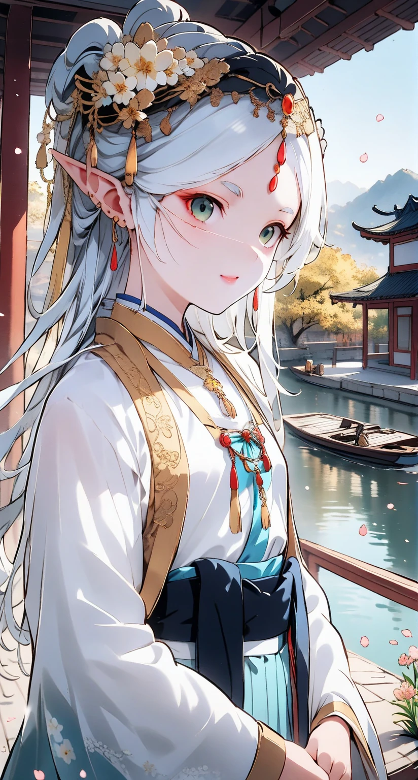 1girl,(frieren),mature female,elf,solo,bangs,green_eyes,white hair,long hair,thick lips,parted bangs,pointy ears,blue_flower,beautiful detailed_background,small breasts,butterfly,(green and white gorgeous hanfu, song style outfits),gold trim,short coat, pleated skirt, round collar robe,earrings,mask,chain,face chain,veil,explicit,flower,general,hair_ornament,hanfu,holding_peach blossom,((peach blossom)),jewelry,long_hair,looking_at_viewer,questionable,sensitive,solo,tassel,tassel_earrings,upper_body,(spring),Chinese style architecture, Chinese style, lake, ancient town, beautiful and meticulous water, (Fishing boat), pavilion,steam,Surrounding by falling peach blossoms petals, han style