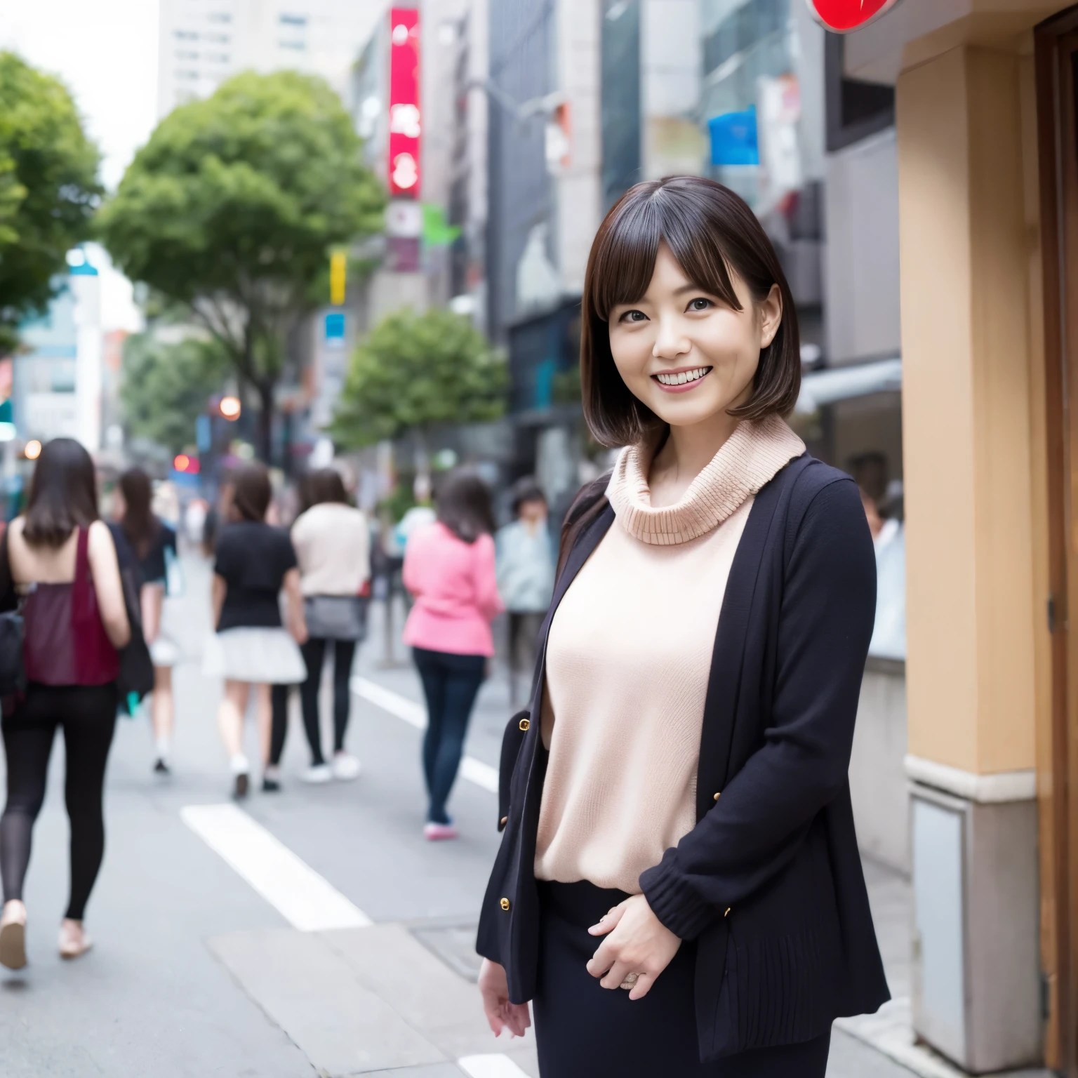 japanese,mature woman, background is Ikebukuro,standing,alone,solo,smile,45 years old,Beautiful woman,wrinkles around the eyes,high quality face
