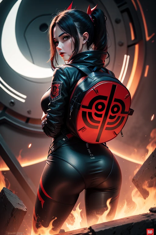 Big booty readhead android girl with respirator gas mask big ass booty milf black and red cyberpunk background
