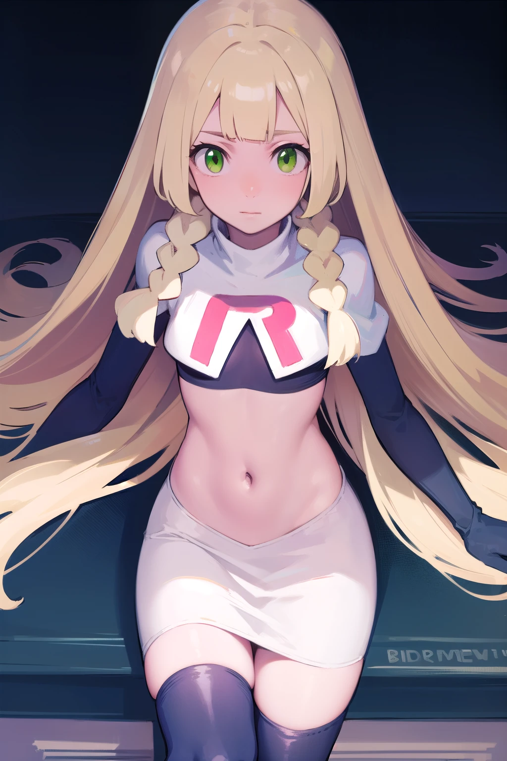 pokemonlilie, pokemonlilie, blonde hair, blunt bangs, (green eyes:1.5), long hair, (small breasts:1.2),
BREAK braid, twin braids, team rocket,team rocket uniform,white skirt,red letter R,crop top,black thigh-highs,black elbow gloves
BREAK looking at viewer,
BREAK (masterpiece:1.2), best quality, high resolution, unity 8k wallpaper, (illustration:0.8), (beautiful detailed eyes:1.6), extremely detailed face, perfect lighting, extremely detailed CG, (perfect hands, perfect anatomy),