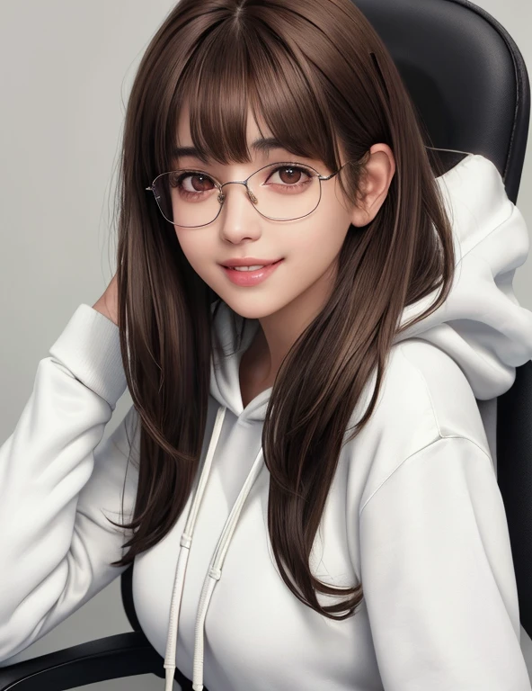 G is, One Girl, Detailed skin, View your viewers, Brown eyes, (Medium hair with bangs:1.2), (Medium Chest:1.0), (Central areola:0.8),
(Realistic:1.4), (highest quality:1.0), (Ultra-high resolution:1.0), 8k, RAW Photos, (masterpiece:0.2), (Pyros Face_v1:0.5), White hoodie, White gaming chair, headphone, Young and pretty girl,Geeky, Thin eyebrows, Glasses, smile