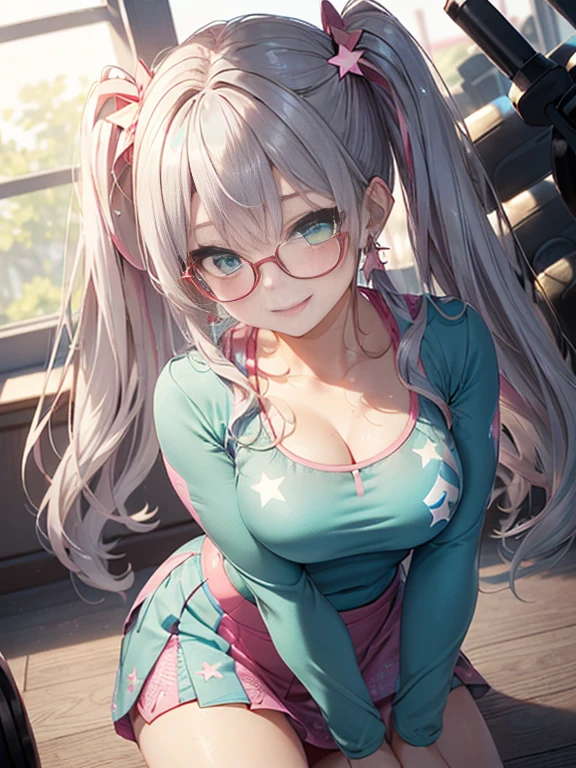 小さなgirl、The arrival of spring、Thick thighs、 (alone:1.5,)Very detailed,Bright colors, Very beautiful detailed anime faces and eyes, Look straight ahead, ;d, Shiny_skin,girl, ((Silver long hair,The inner color is red 、Forehead is exposed.、Green Eyes、Glasses、Shiny hair, Delicate beautiful face, blush、(Turquoise Eyes), White skin, Valletta, Earrings,、blue flower field、(((Star pattern pink、skirt、Gym suit)))、Twin tails、smile、smile、Face dyed red