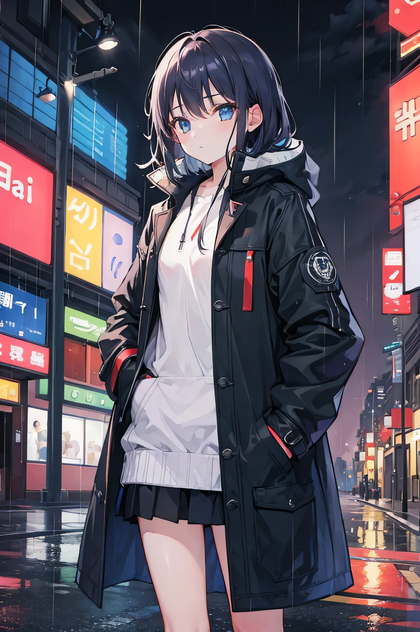 1girl,night city,rain,coat,hands in pockets
