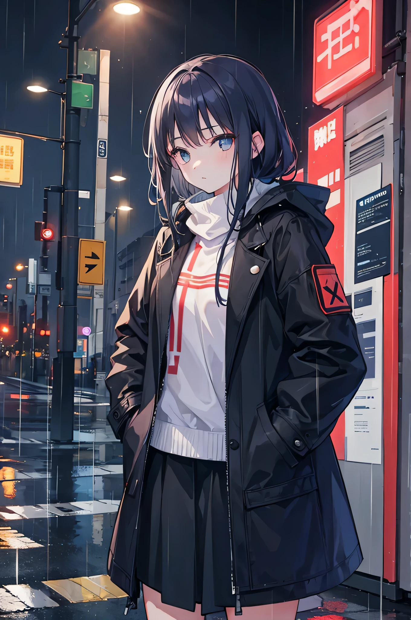 1girl,night city,rain,coat,hands in pockets