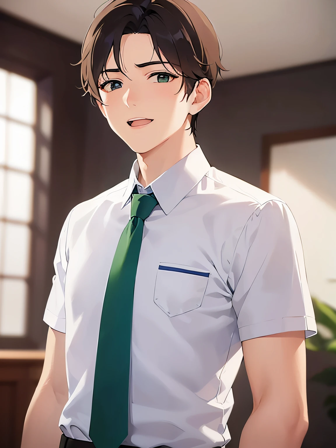 Perfect Face、Upper body, masterpiece、highest quality、(25-year-old male:1.5) and (Brown short hair) and (Green Eyes), Wearing a white shirt、Wearing a blue tie、Are standing、(embarrassed:1.3)、smile, open mouth, Background is an office room、(Alone:1.5)、
