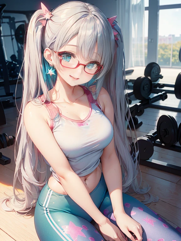 小さなgirl、The arrival of spring、Thick thighs、 (alone:1.5,)Very detailed,Bright colors, Very beautiful detailed anime faces and eyes, Look straight ahead, ;d, Shiny_skin,girl, ((Silver long hair,The inner color is red 、Forehead is exposed.、Green Eyes、Glasses、Shiny hair, Delicate beautiful face, blush、(Turquoise Eyes), White skin, Valletta, Earrings,、blue flower field、(((Star pattern pink、Pants in gym clothes)))、Twin tails、smile、smile、Face dyed red