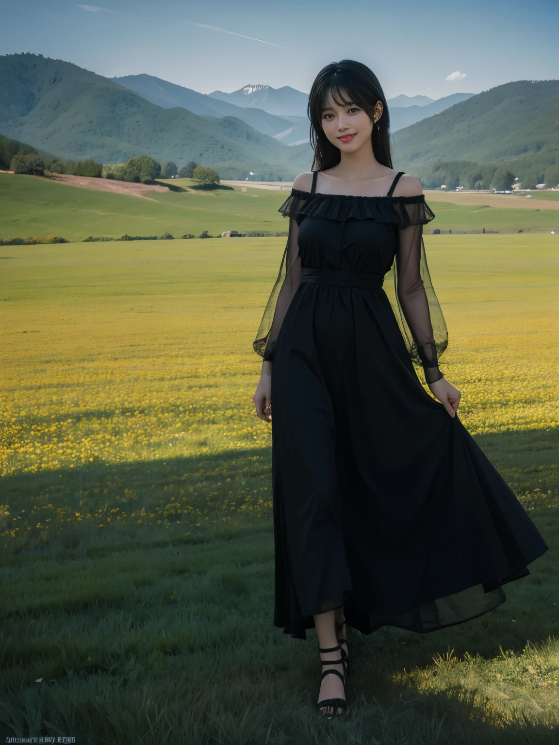 (ultra realistic), (best illustration), (increase resolution), (8K), (masterpiece), (wallpaper), solo, 1 girl, looking at viewers, black straight hair, in the dark, deep shadow, low key, pureerosfaceace_v1, happy smile, summer dress, full body, meadow