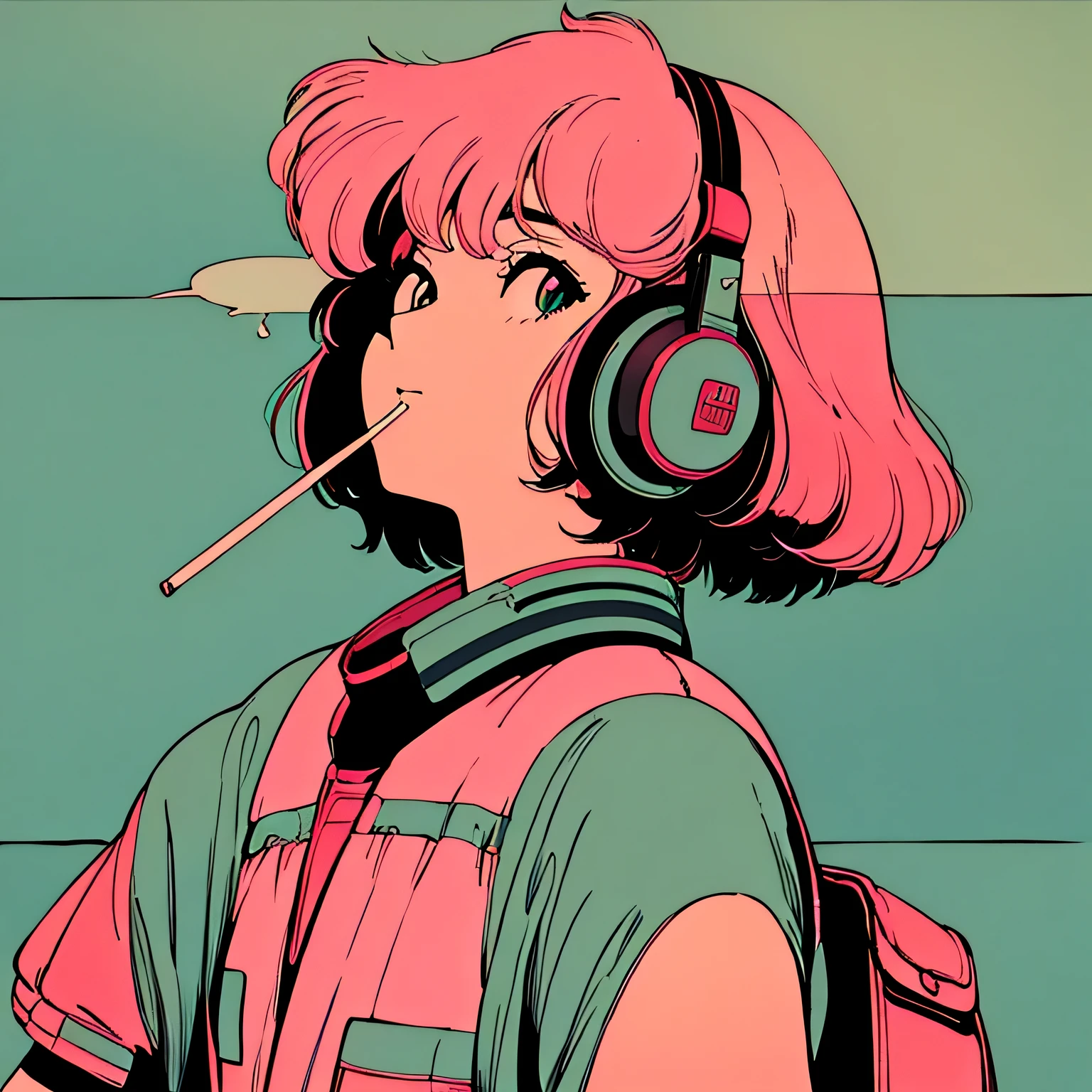 shoulder length pink Hair, fluffy bob cut, wearing headphones, Futuristic yet lofi, retro, master piece, (( side shot)), (( looking up )), ((Holding a cigarette)),Smoke from cigarettes, Chillout, relax, ((prairie))