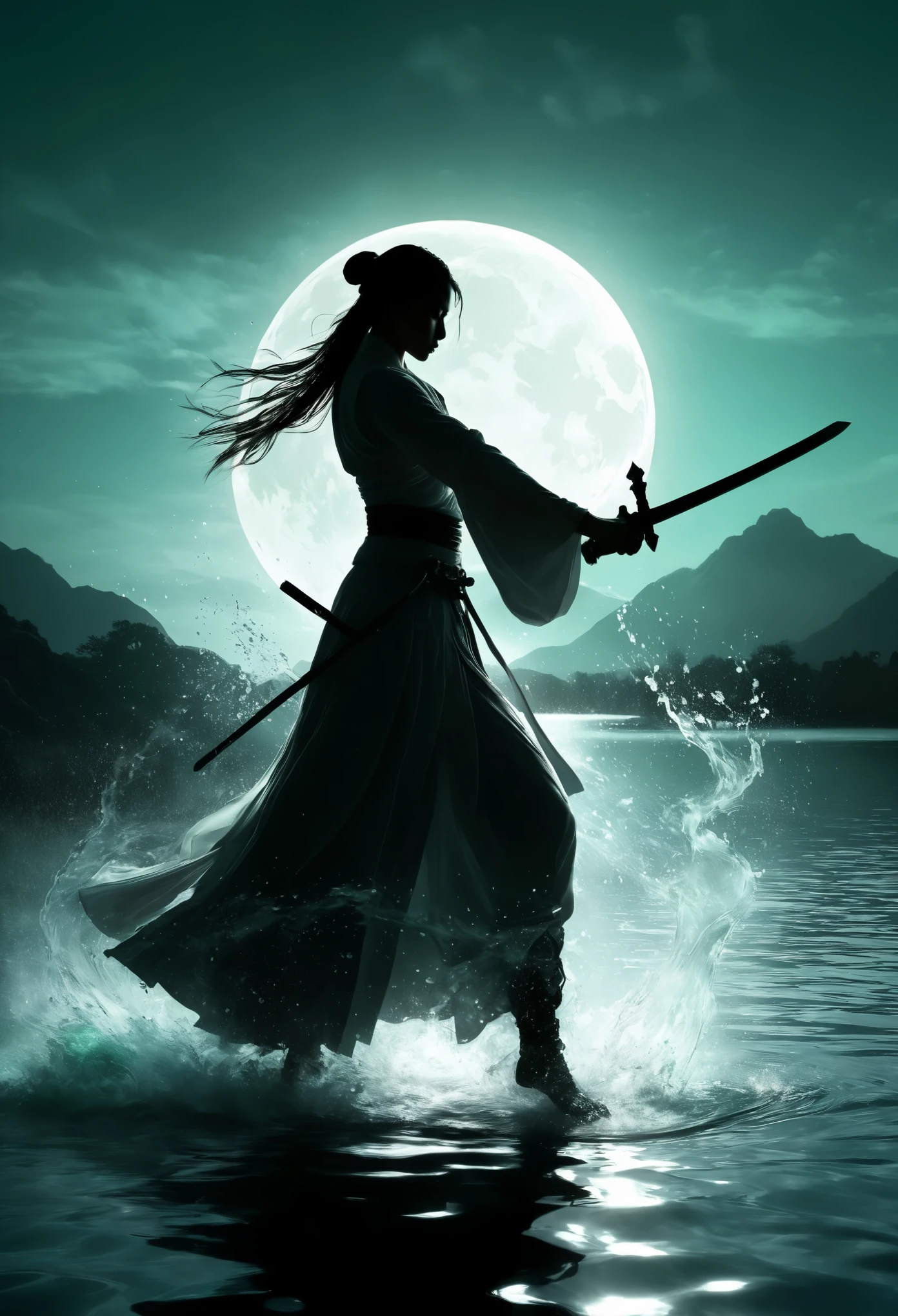 (Heroine dancing sword silhouette:1.5),Anatomically correct，Glowing sword,(moving posture),Hold the hilt of a sword in your hand，1sword，solo，on the lake，high contrast, movie lighting, Enigmatic Atmosphere,， corrugation，(Splashing water;1.4)，a moon，Motion Blur，female swordman，Kungfu，Black silhouette，Glowing jade blade，