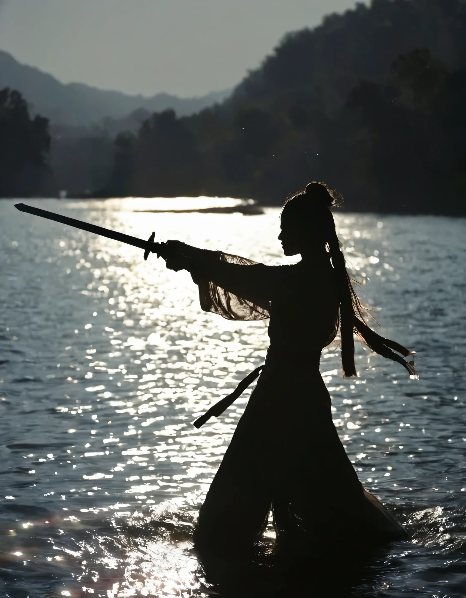 (Heroine dancing sword silhouette:1.5),Anatomically correct，1 Glowing sword,(moving posture),Hold the hilt of a sword in your hand，1sword，solo，on the lake，high contrast, movie lighting, Enigmatic Atmosphere,， corrugation，(Splashing water;1.4)，a moon，Motion Blur，swordsman，Kungfu，Black silhouette，