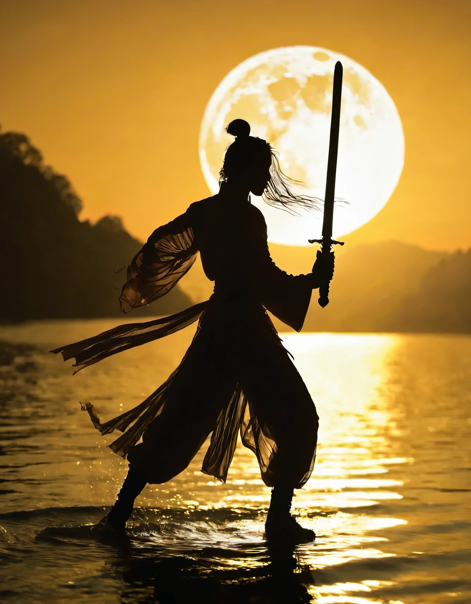 (Heroine dancing sword silhouette:1.5),Anatomically correct，1 Glowing sword,(moving posture),Hold the hilt of a sword in your hand，1sword，solo，on the lake，high contrast, movie lighting, Enigmatic Atmosphere,， corrugation，(Splashing water;1.4)，a moon，Motion Blur，swordsman，Kungfu，Black silhouette，