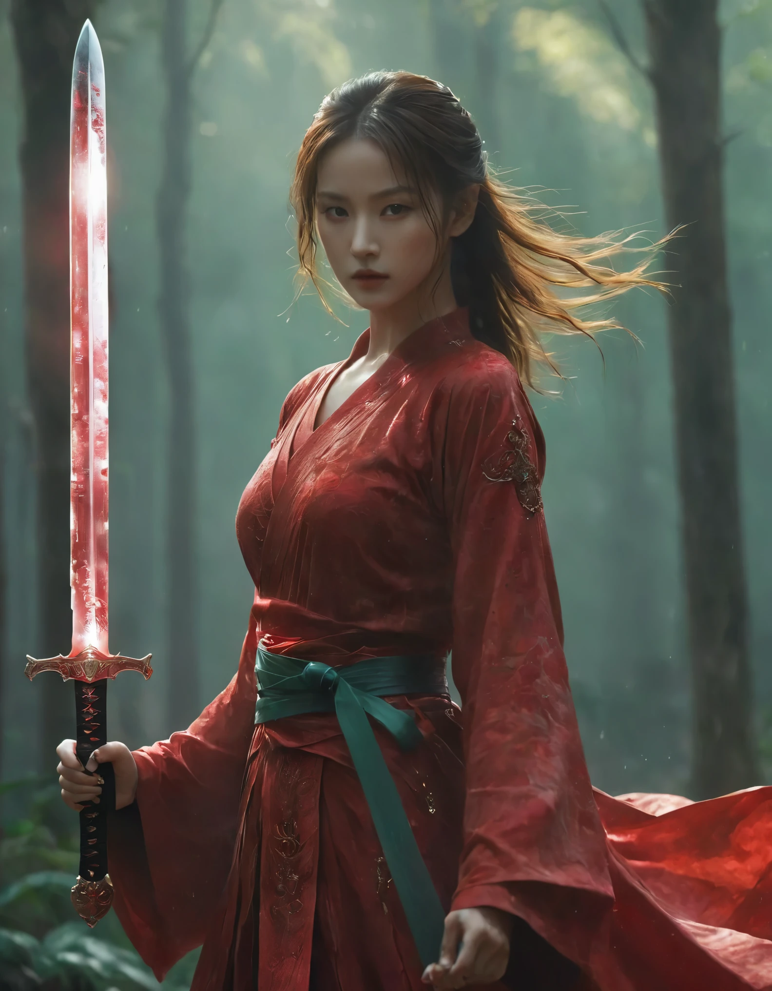 1beautiful girl,  Axisymmetric compositiotomically correct，solo，female swordman，Hold the hilt of a sword in your hand，Each hand holds a sword handle，ruby sword，jade sowrd,  blade glows，front view, close-up， ((Best quality)), ((Masterpiece)), ((Realistic))，UHD，