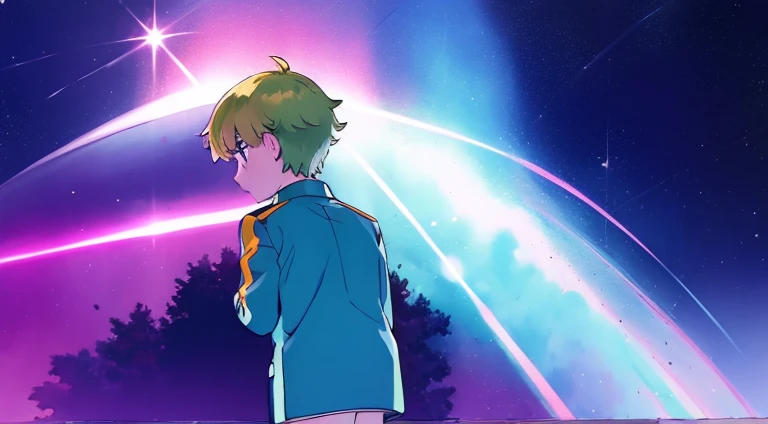 1boy，jaket，city neon light，starrysky, basil