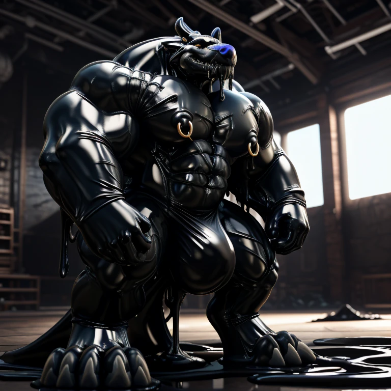 solo, male, , , ,  hyper pecs, thick thighs, standing, indoor,，(，,(,solo,very hyper muscles:1.2)(Huge bulge:1.8）Image quality details：unreal engine,perfect light，detailed, photorealistic, 4k, hd, , , , good anatomy, , (), ,huge testacles, high quality, best quality, concept art, photorealistic, octane rende ()(nipple rings:1)((corruption)), black glowing liquid，（((liquid_latex, , rubber:1.2)，,black latex，goo transformation，(gooey)(cave)