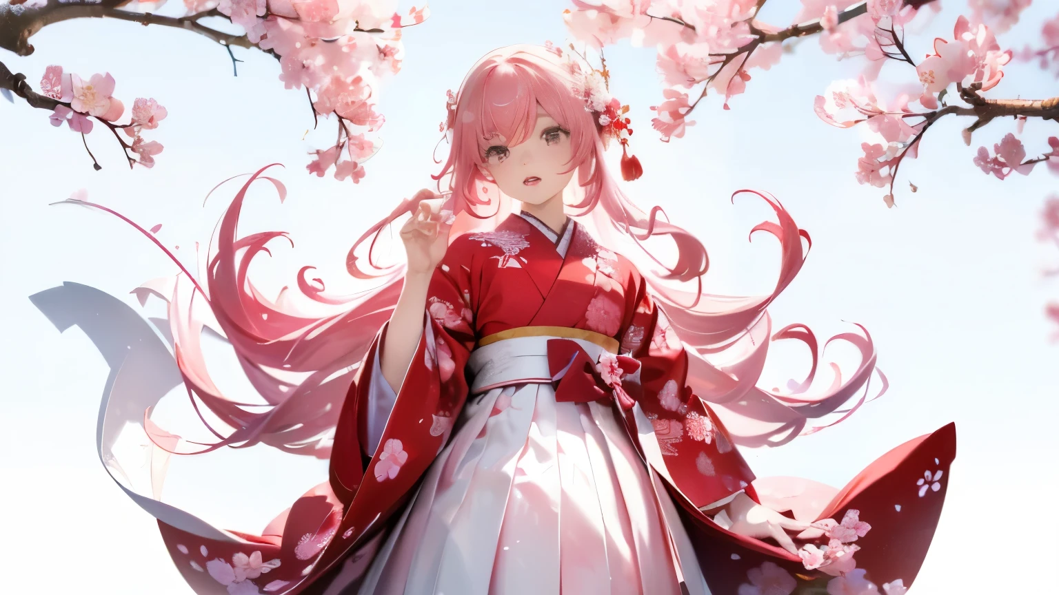 (((Cherry blossom background、White world)))、unity 8k wallpaper、Ultra-detailed、Beautiful and aesthetic、masterpiece、highest quality、(Tangleの、Mandala、Tangle、Tangle)、(Fractal Art:1.3)、One Girl、Beautiful long pink hair、Japanese、Big pink、red kimono、Japan Dresses、Very detailed、Dynamic Angle、Cowboy Shot、The most beautiful form is chaos、elegant、brutalism design、Vibrant colors、Romance、atmosphere、Ecstasy Note、Streaming notes are visible、(((White background、Pure white background、Red circle)))