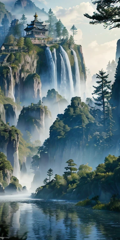 (Chinese Ink Painting)アナログstyle,Chroma V5,Nbinkupunk,(非常にdetailedな CG ユニティ 8k 壁紙) Small pine trees on both sides,A small hermitage on a high, steep mountain、 A small thin waterfall, (haze)Thick Fog ,Award-winning photography, chromatic aberration, detailed , High resolution, bloom, many'style, Pissarro, Sisley ,Trending on Artstation, Trending on CGSociety, art: