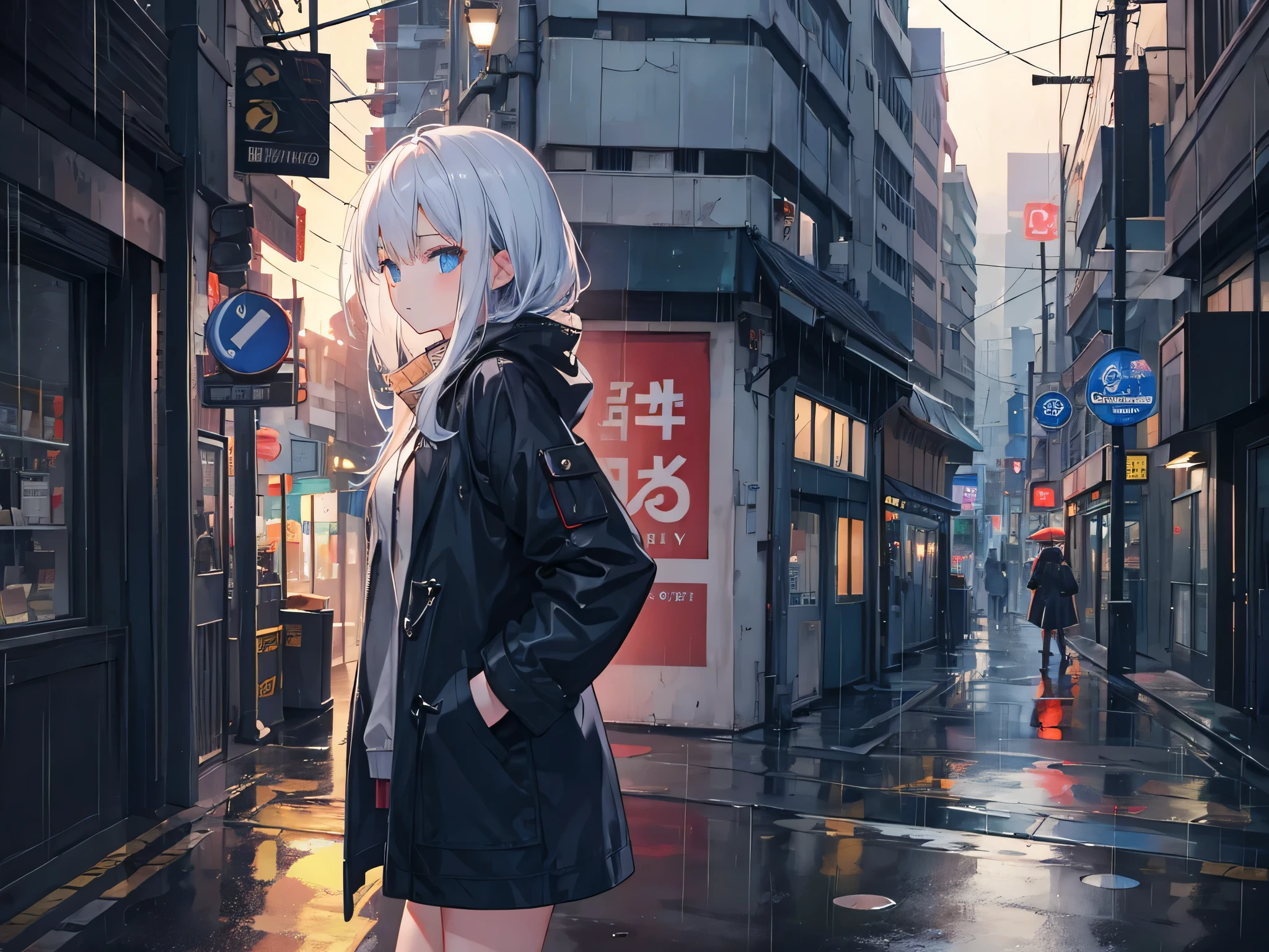 1girl,night city,rain,coat,hands in pockets
