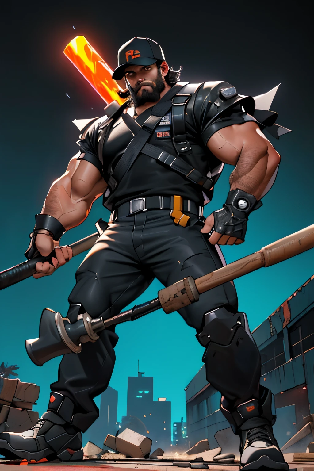 ((Mechanic)), ((Middle aged male)), ((Black beard)), ((Muscular)), ((Black flightsutit)), ((Black baseball hat without logo)), ((dynamic pose)), ((retro cyberpunk
background))
((holding sledgehammer))