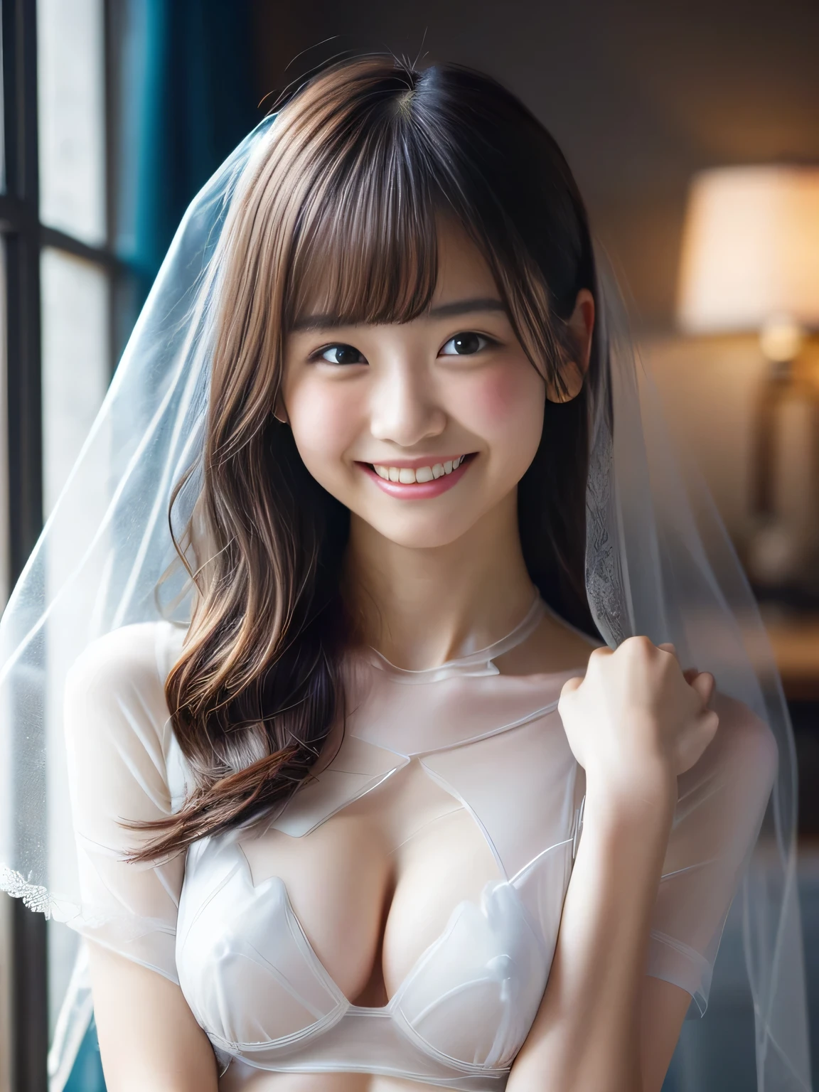 (best quality,ultra detailed,highres,HDR,8k,3D,realistic,photorealistic,super fine,effects,official art,detailed background), ((very happy girl smile,young,Japanese,small face beauty):1.3), ((Happy days),(kawaii,round face,small face beauty):1.3), (dynamic pose:1.3), (multicolored hair:1.2), (Dip dye hair:1.1), (large breasts:1.3), (wide hips:1.3), (Beautiful curved crystal body: 1.5), (Semi-transparent glass clothes along the lines of the body: 1.5), (A thin ghost-like veil of light: 1.2), (White skin like porcelain all over the body: 1.5)