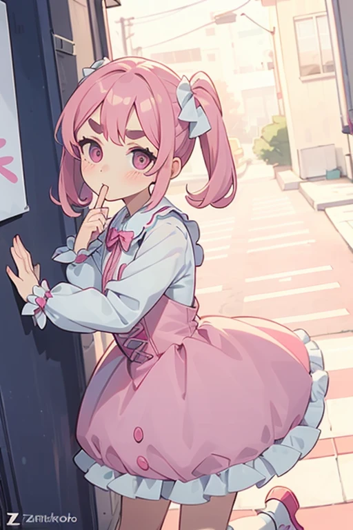 walking down the street and looking at an alley in the distance.
a girl with pink hair, long double-tailed hairstyle ((small pink bushy eyebrows)), dressed in lolita clothing, marked vagina, lolicon (Zankuro) drawing style by zankuro artist, Zancro style, image uploaded to R34, sucking penis in an alley, deep throat, cum bubbling out of her mouth,