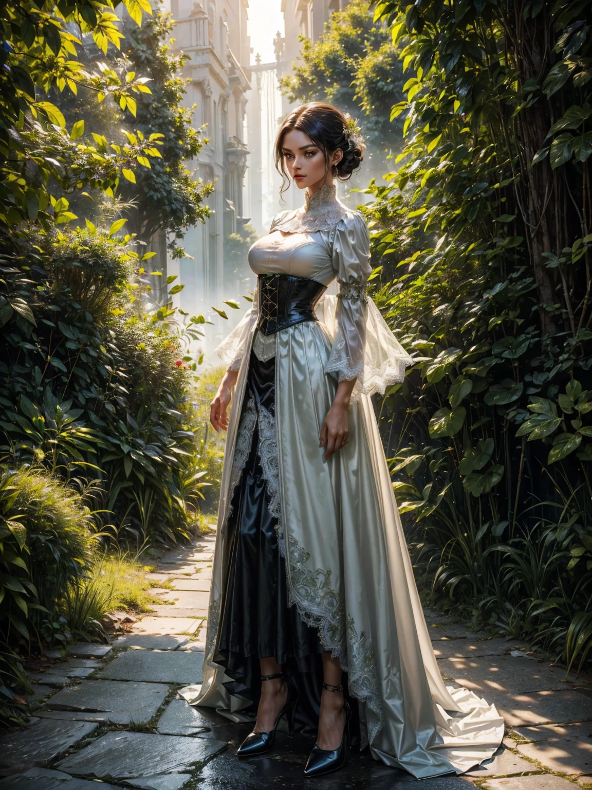 ((show full body from head to toe, standing, body facing to the viewer (show front body)). Tall body, fit body, slender body, medium breast. A female wizard wearing green and white clothes, long sleeves(lace sleeves), skirts, corset, cloak, robes, cape, gloves, stockings, show heels. short hair with updo. Masterpiece:1.5, illustration:1.1, best quality:1.5, fine detail, perfect detail, 4k, HDR, balance focused camera view, middle camera view, vertical scape camera, natural lighting, bright lighting, sunlight, sharp focus, smooth detail, HDR. Outdoor at a city road.