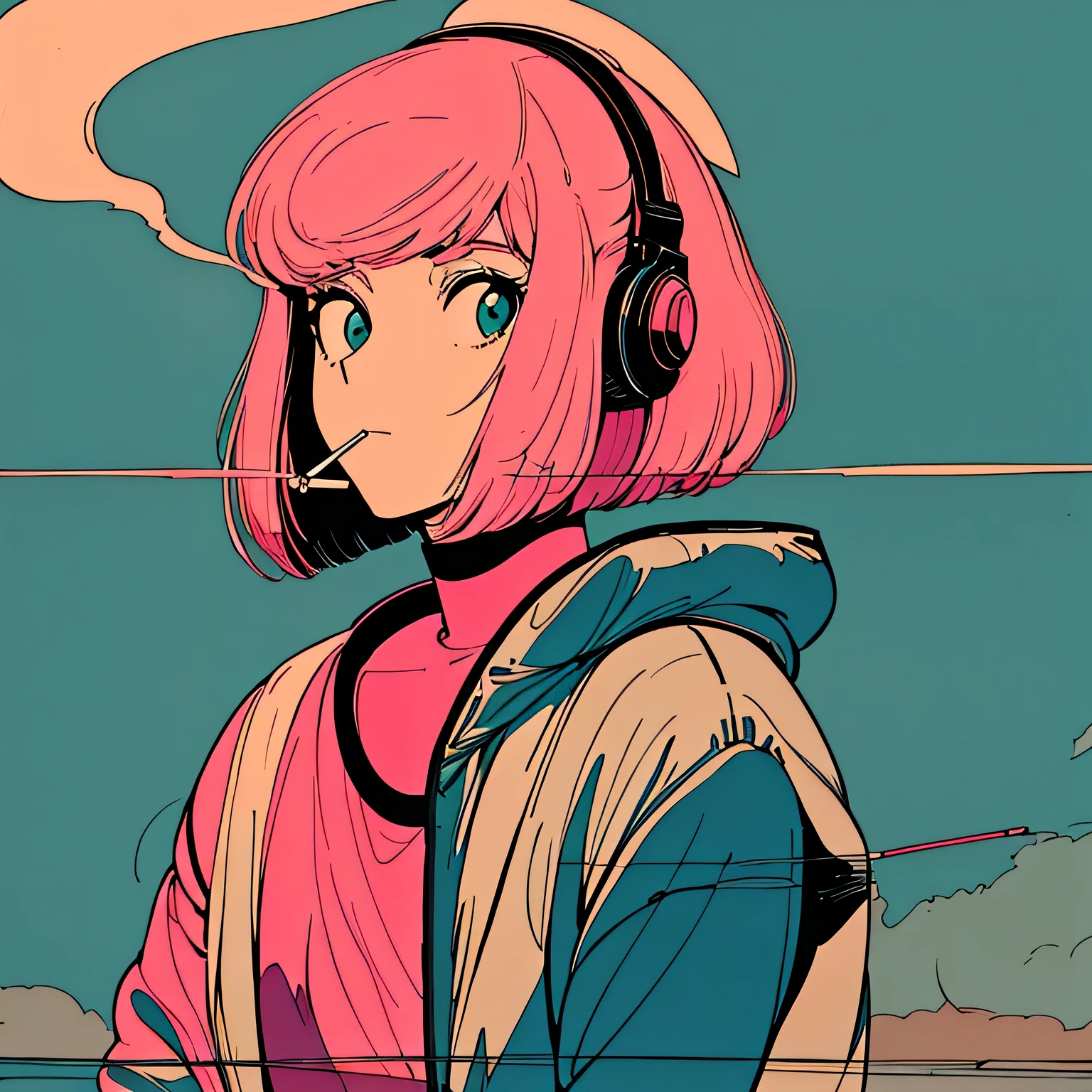 shoulder length pink Hair, fluffy bob cut, wearing headphones, Futuristic yet lofi, retro, master piece, (( side shot)), (( looking up )), ((Holding a cigarette)),Smoke from cigarettes, Chillout, relax, ((prairie))